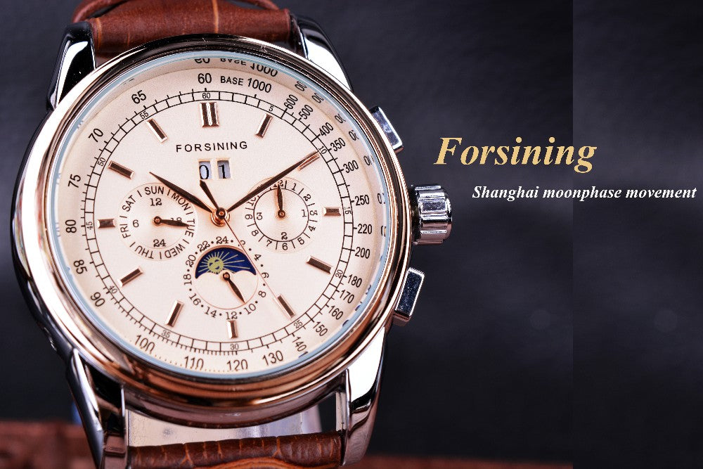 Rose Gold Case Genuine Leather Strap Mens Luxury Watch