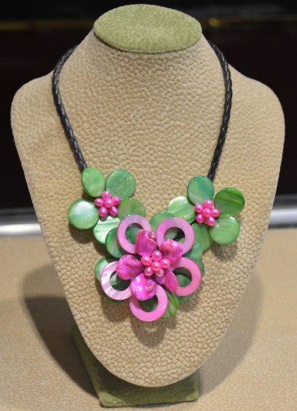 Hot Pink and Green Shell Flower Necklace