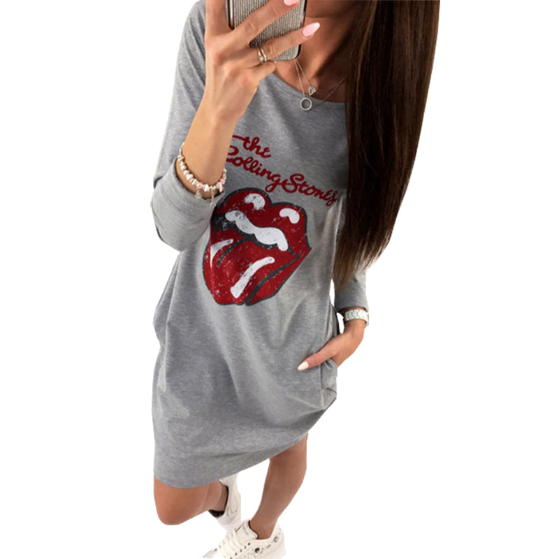 Stones Lips Printed Dress 2018 Women Autumn Casual Dress Long Sleeve